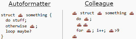 A comparison showing how autoformatted code is less bad than code formatted by colleagues